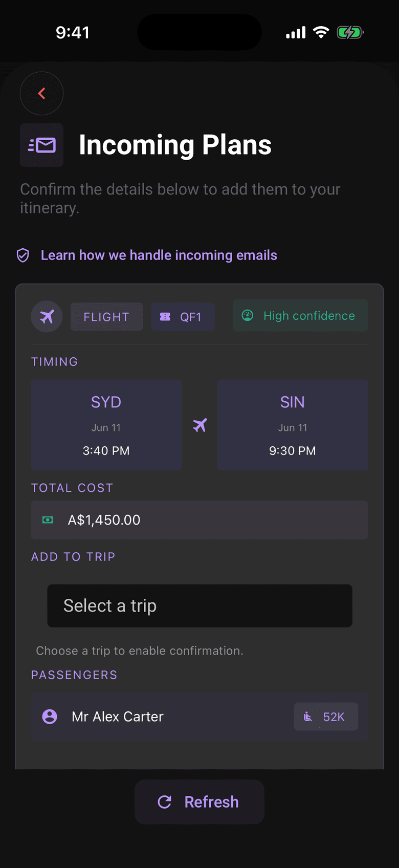 Limbo incoming plans screen showing a flight parsed from a forwarded booking email at high confidence, awaiting review