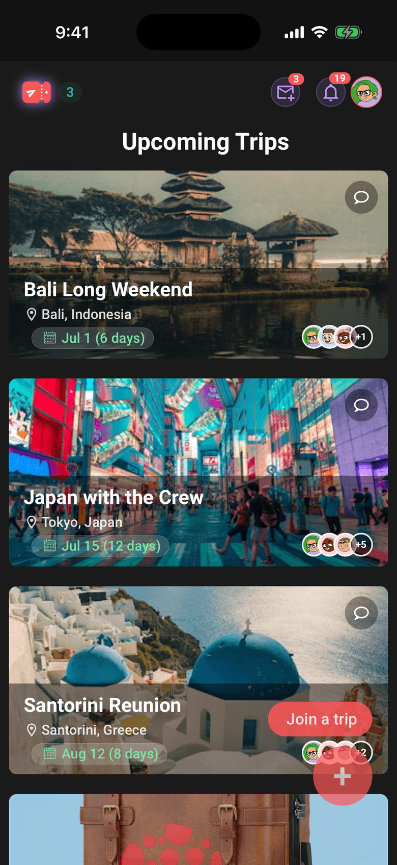 Limbo mobile app showing upcoming group trips