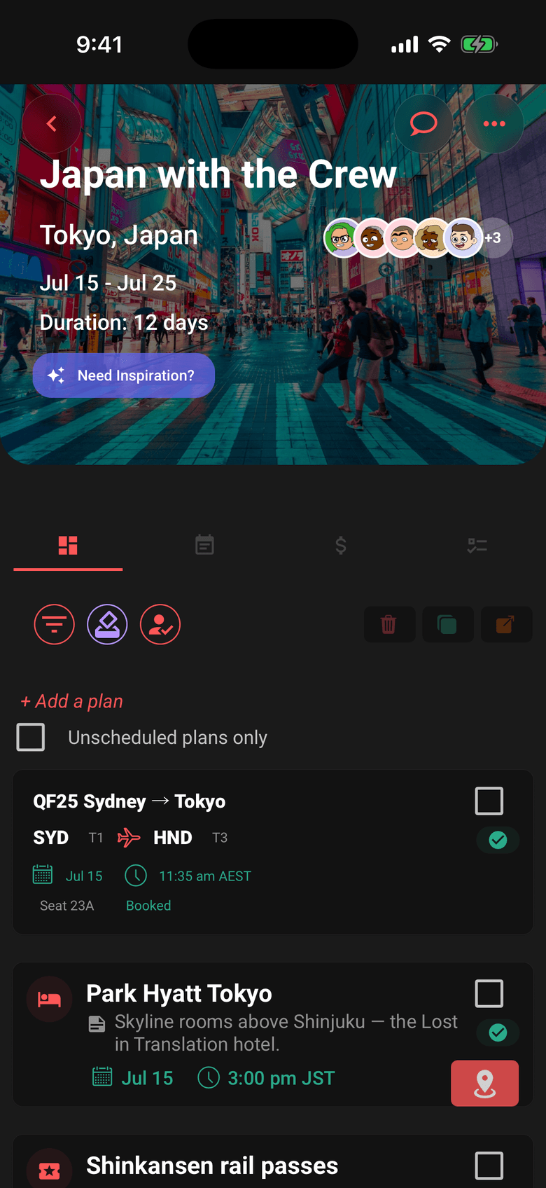 Limbo trip timeline holding a flight, a hotel and day-by-day plans in one shared itinerary