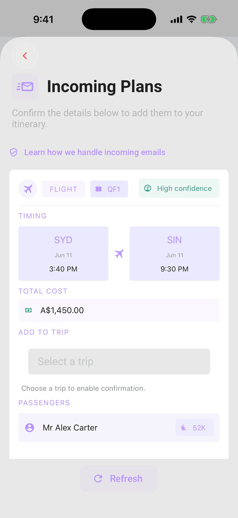Limbo incoming plans screen showing a flight parsed from a forwarded booking email at high confidence, awaiting review