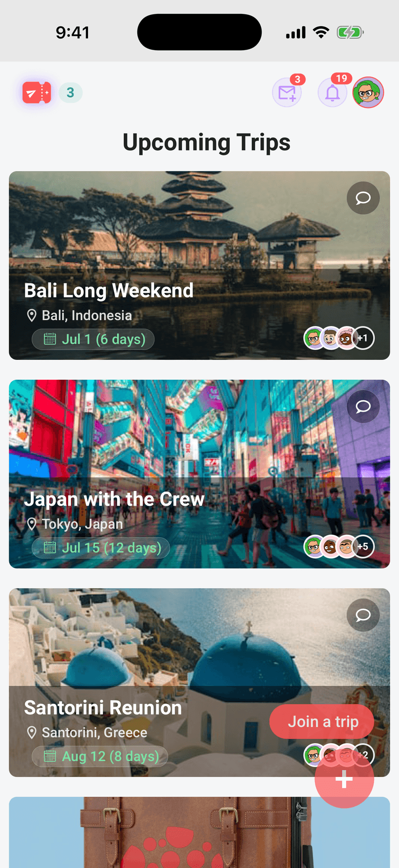 Limbo mobile app showing upcoming group trips