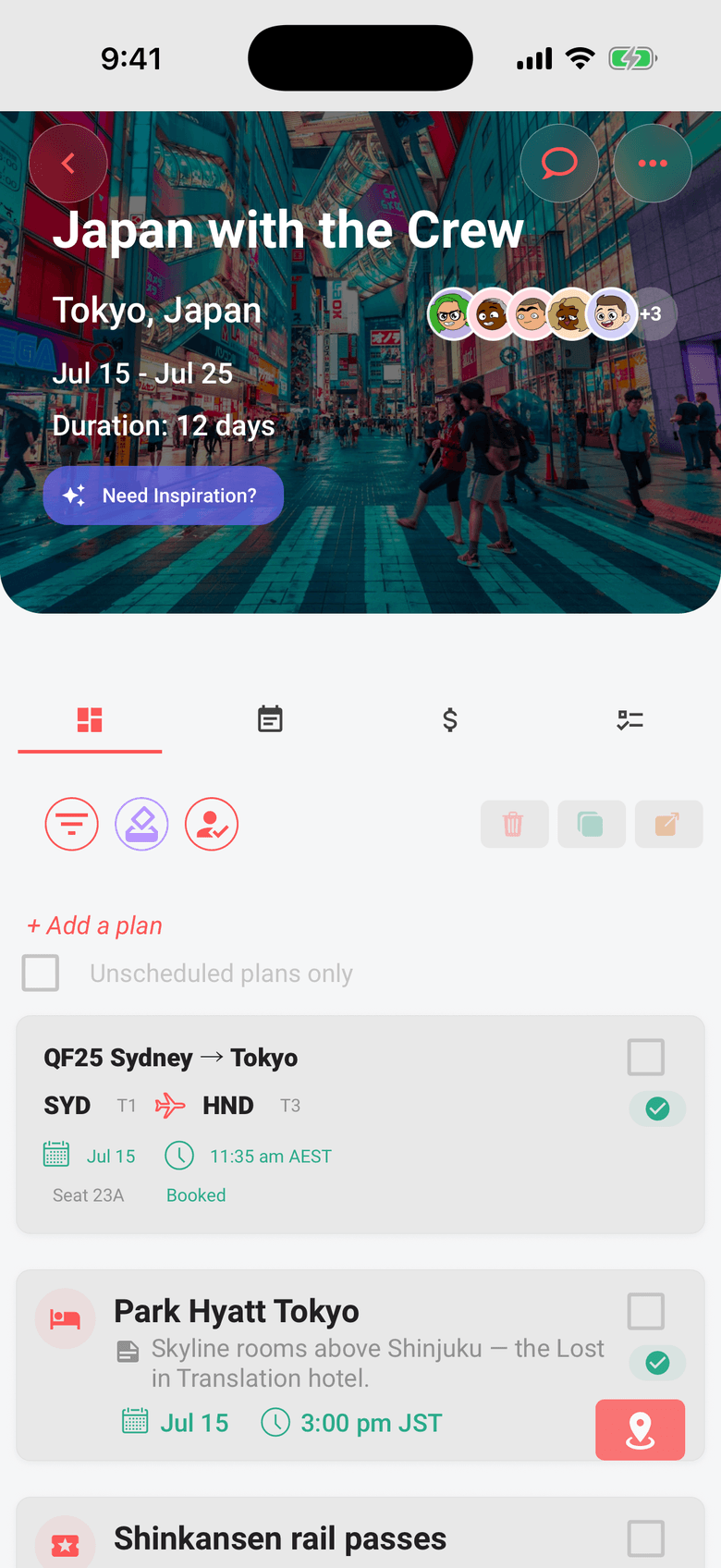 Limbo trip timeline holding a flight, a hotel and day-by-day plans in one shared itinerary