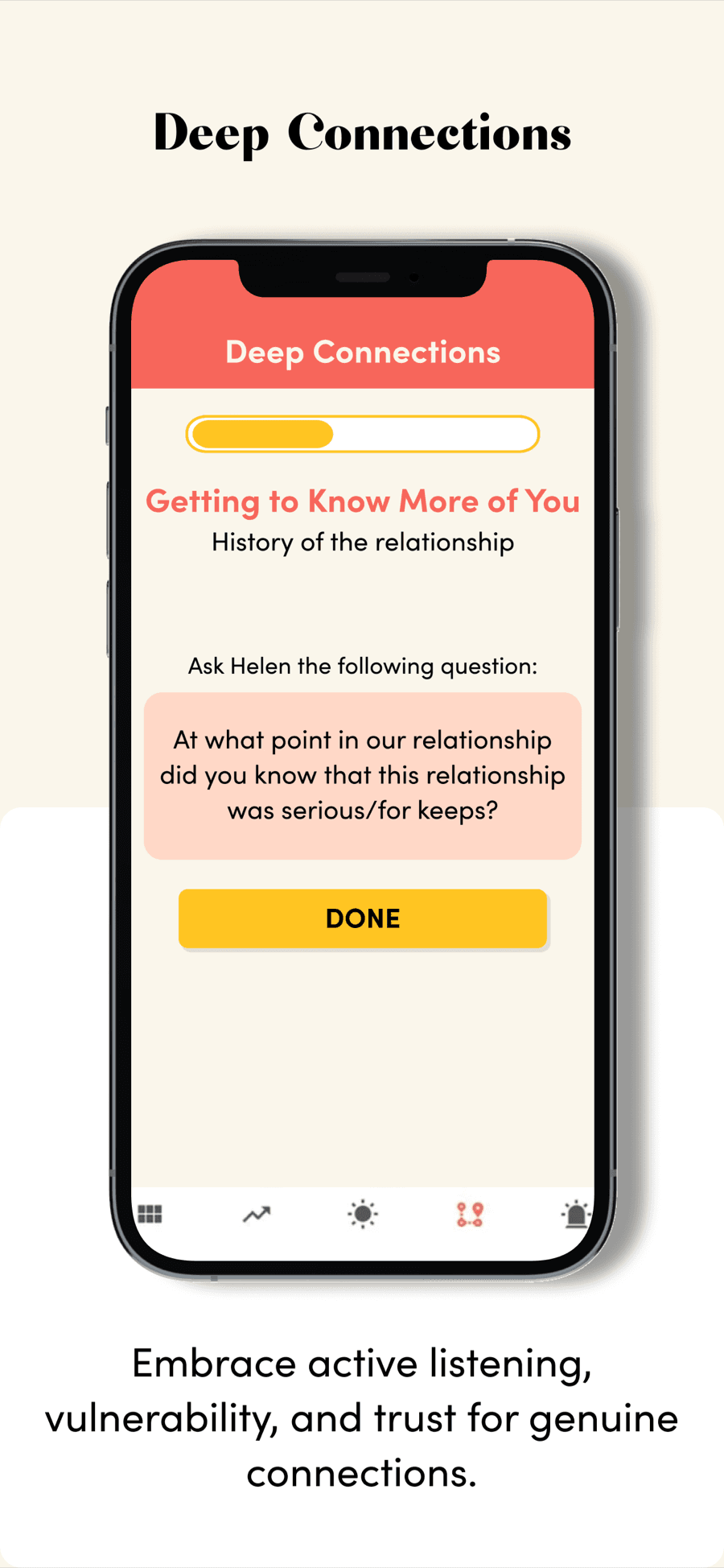 My Love Your Love app screen: a Deep Connections guided question a partner asks during a session