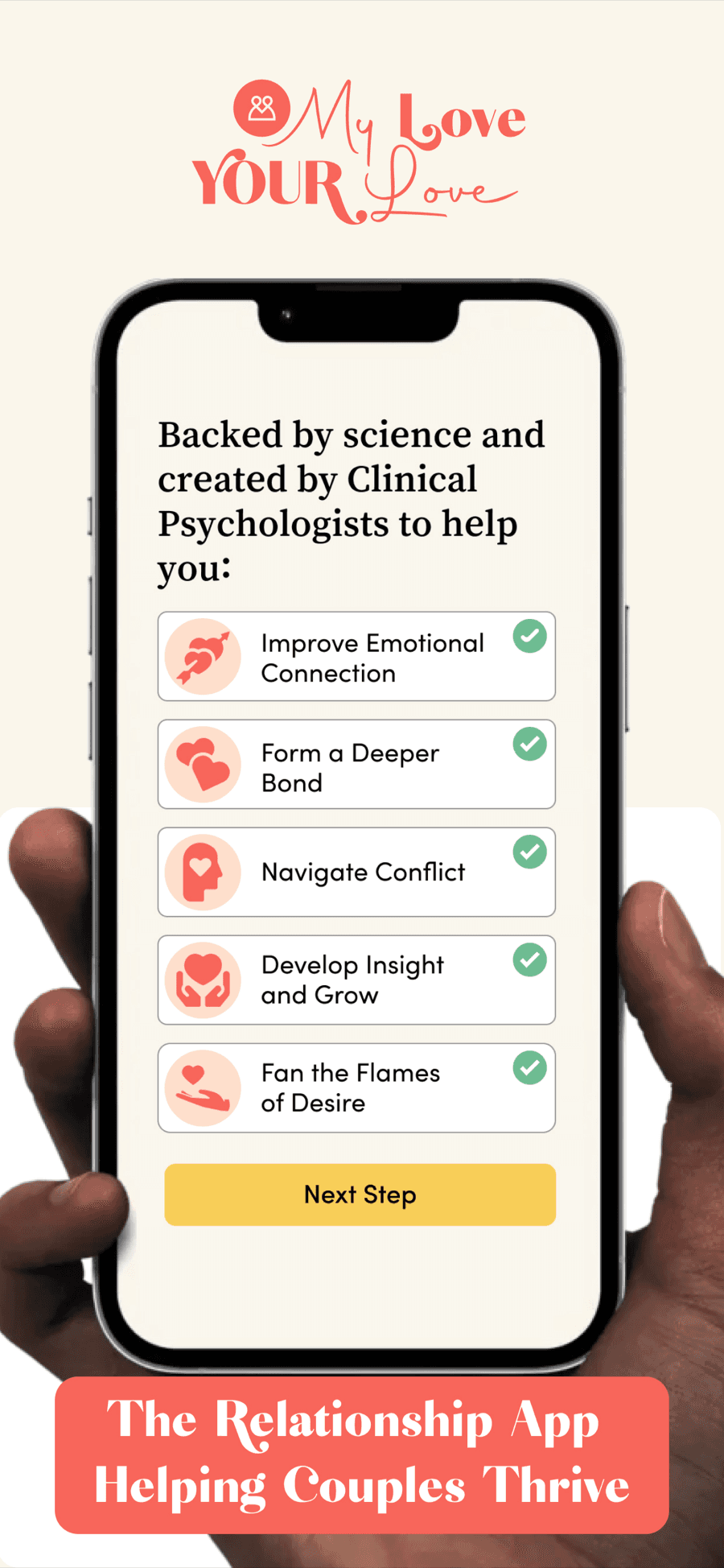 A hand holding a phone running the My Love Your Love relationship-education app